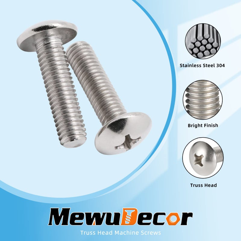 MewuDecor 1/4-20 x 1/2" Truss Head Machine Screws, Full Thread, 304 Stainless Steel 18-8, Bright Finish, Machine Thread, 50 PCS - Image 3